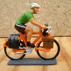 CBG Mignot Model Cyclist Touring on Orange Bike with Green Jersey
